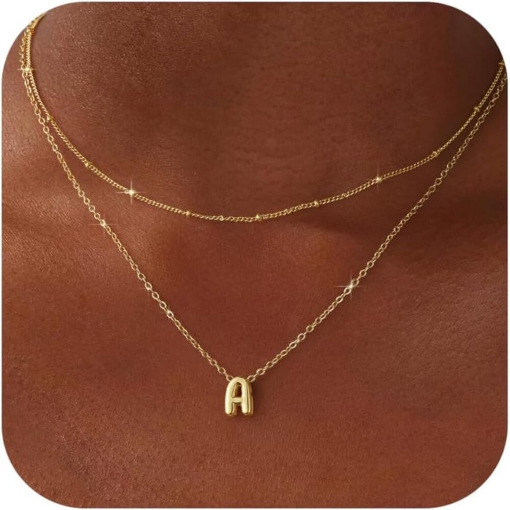 Bubble Gold Silver Letter Necklace Layered Initial Necklaces for Women Tiny Pend